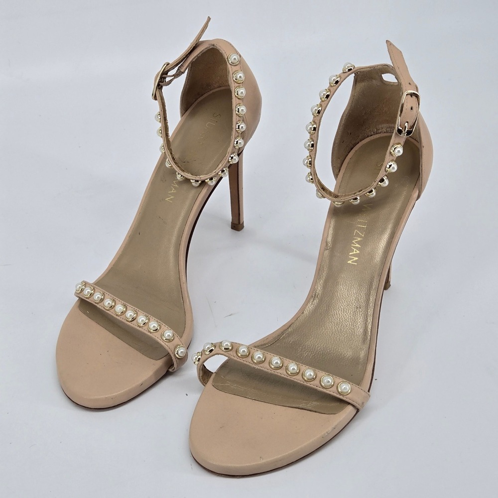 Stuart Weitzman Nudistpearls Nude Leather‎ Pearl Ankle Strap Sandals 8M 4" Heel